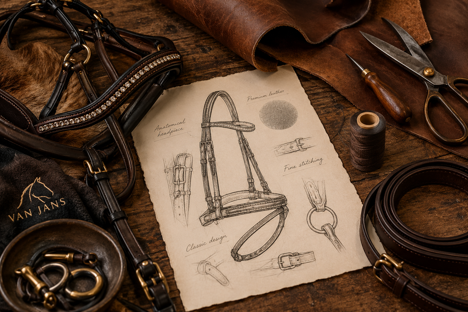 Van Jans equestrian leathercraft workshop with bridle, leather, scissors and tack tools
